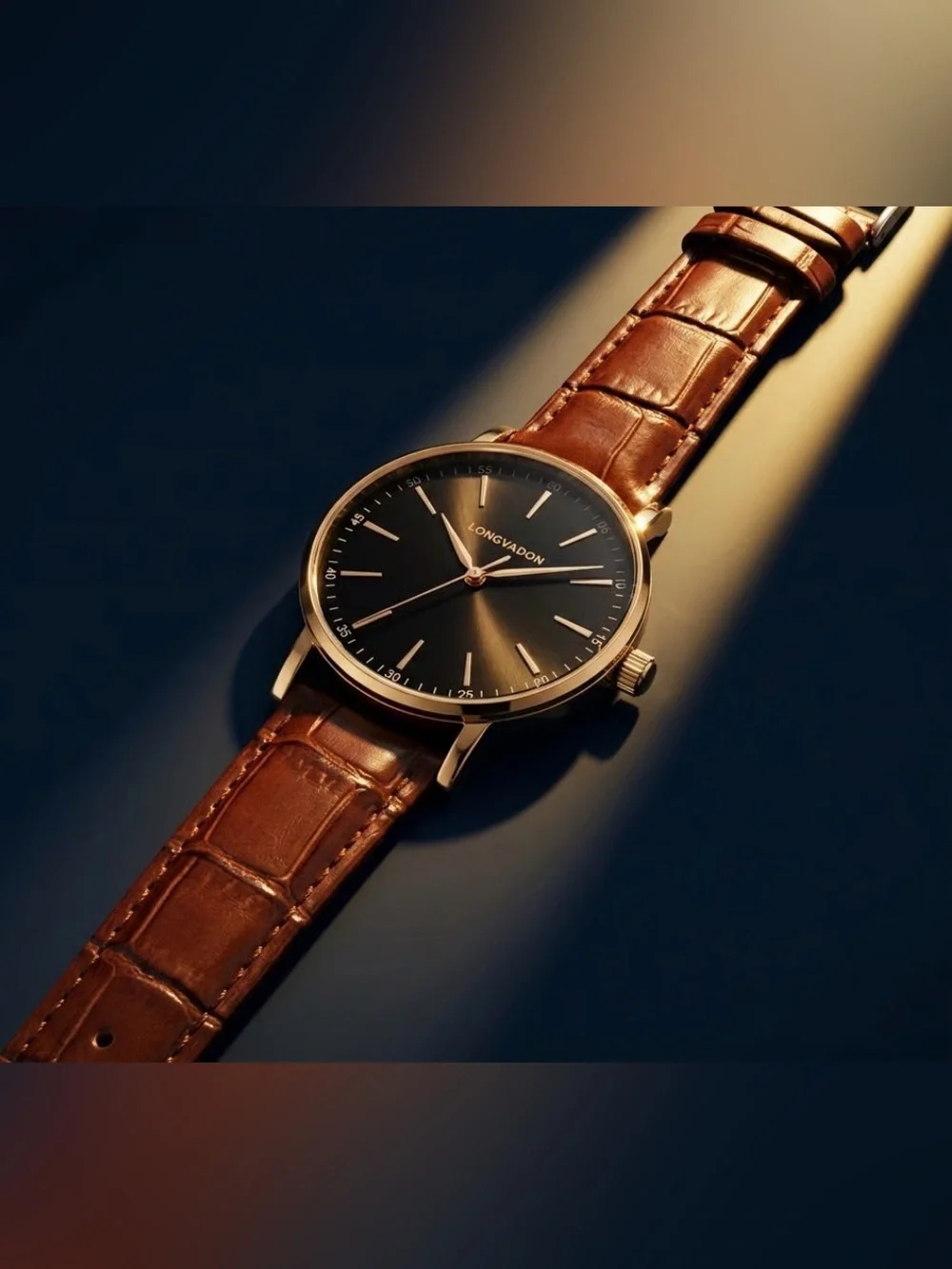 Longvadon Classic Watch Marron Black Dial Gold Tone Brown Leather Strap NIB